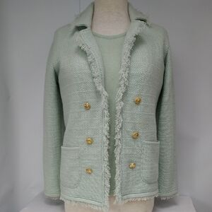 Jennifer Tyler 100% Cashmere Mint Green Knit Blazer and Short Sleeve Top Set